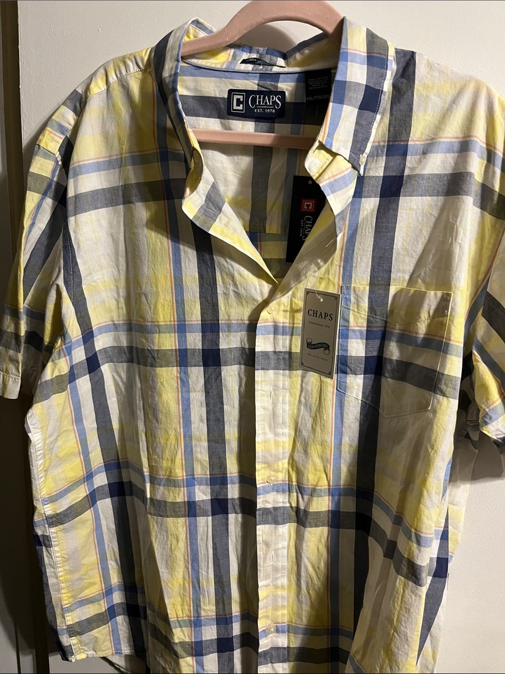 Chaps Men's Yellow and Navy Plaid Short-Sleeve Button-Down Shirt